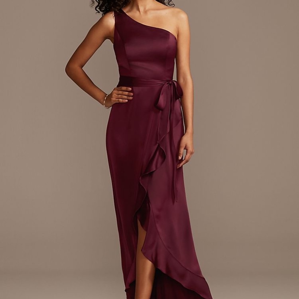 One shoulder David’s Bridal Wine colored dress